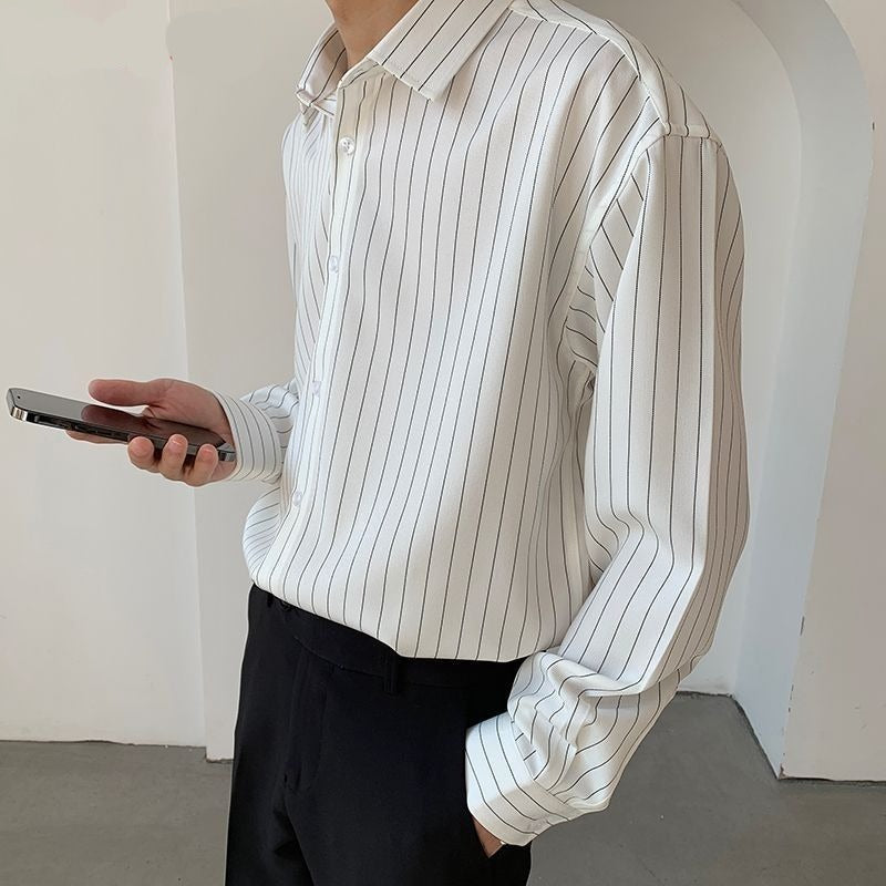 New Korean Fashion Autumn Shirts Men Business Casual Neat Capable Hipster Street England Style Elegant Stripe Clothes Top