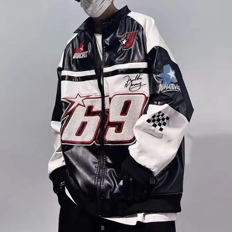 Hip Hop American PU Leather Jacket Men Patchwork Letter Embroidery Motorcycle Biker Coats Unisex Bomber Jacket Flocking Clothes