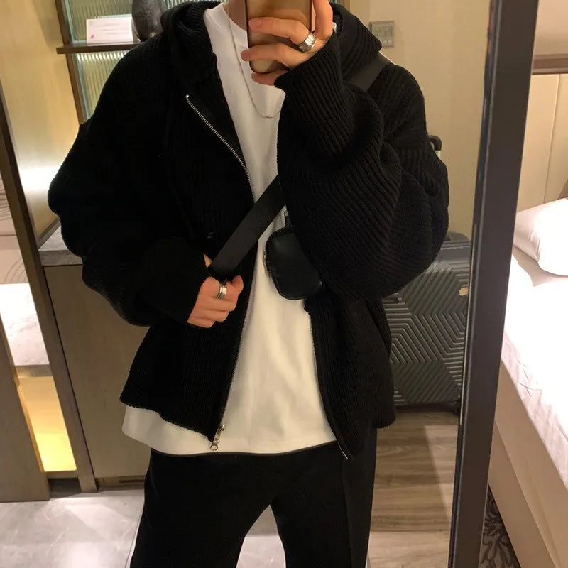 Winter Clothing Men's Luxury Knitted Hooded Zipper Cardigan Sweater Long Sleeve Solid Color Hoodie Korean Popular Knitwear
