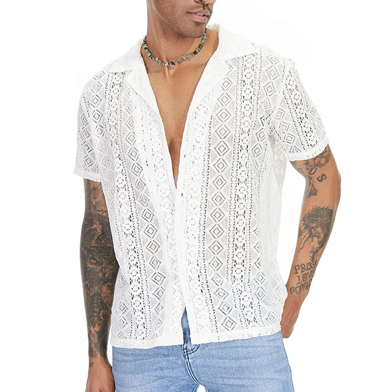 Men's Short-Sleeve Hollow-Out Lace Shirt Single Breasted Lapel Perspective Shirt Top