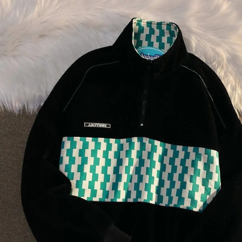 Autumn Winter Fashion Patchwork Plaid Oversized Harajuku Sweatshirts Men Half Zip Polo Collar Pullover Tops Chic Male Streetwear