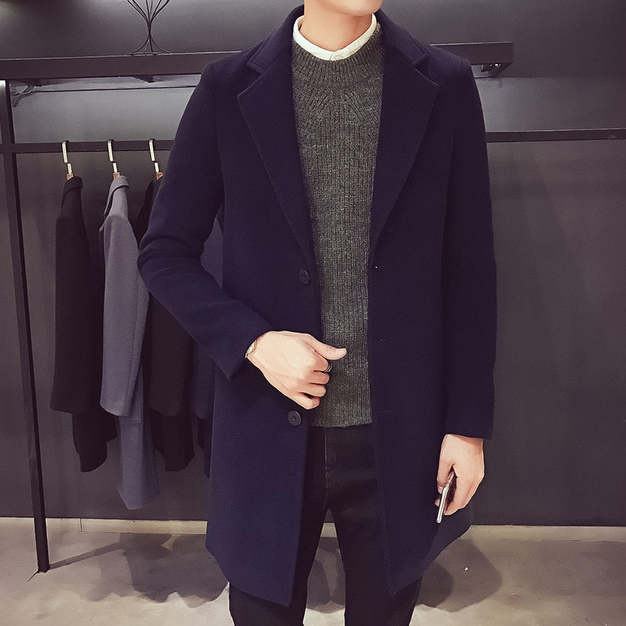 Men Long Cotton Coat Autumn Winter New Wool Blend Pure Color Casual Business Fashion Slim Windbreaker Jacket Men Clothing