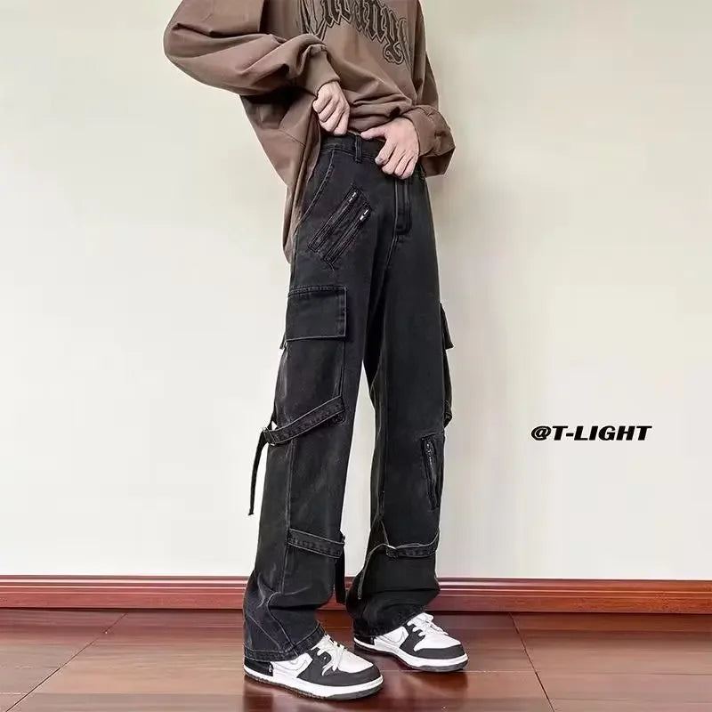 saferido American Stylevibe Black Trendy Straight-leg Slim Fit Jeans For Men Comfortable Loose Fit Drawstring Pants