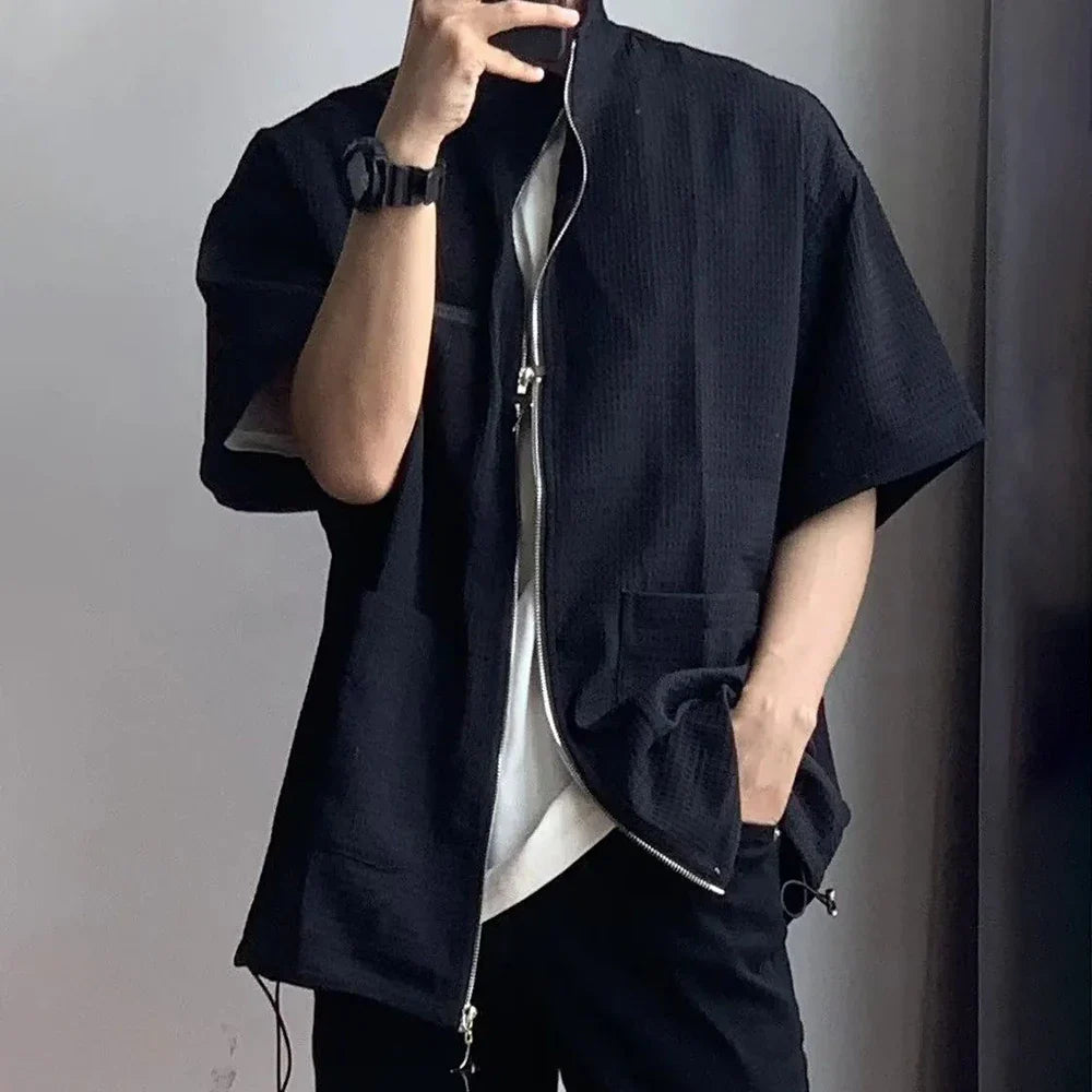 saferido Spring Summer Solid Waffle Shirt Men Zipper Shirts Trend Stand Collar Short Sleeve Tops Unisex Man Shirts Oversized Streetwear F