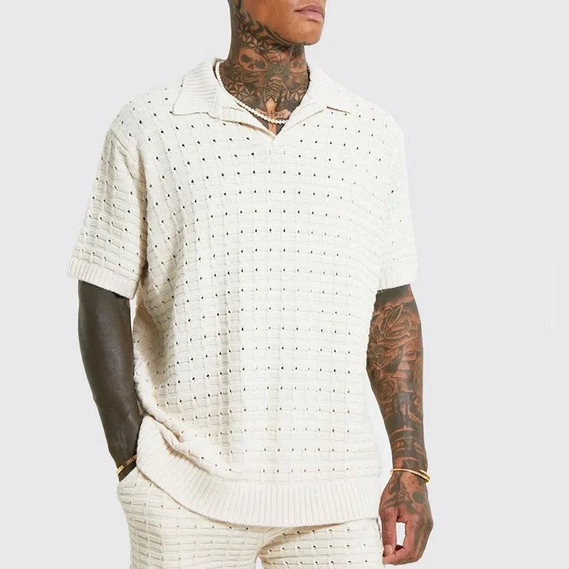 Men's Elastic Loose T-shirt Sweater Men's Knitted Short Sleeve Casual T-shirt Men's V-neck T-shirt Men's