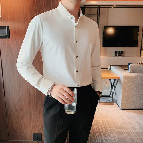 saferido Men Spring High Quality Business Shirts/Male Slim Fit Solid Color Ice silk With Long Sleeves Shirts/Man Casual Dress Shirts