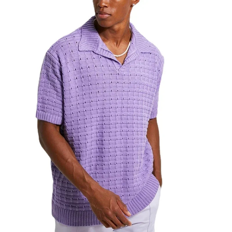 Men's Elastic Loose T-shirt Sweater Men's Knitted Short Sleeve Casual T-shirt Men's V-neck T-shirt Men's