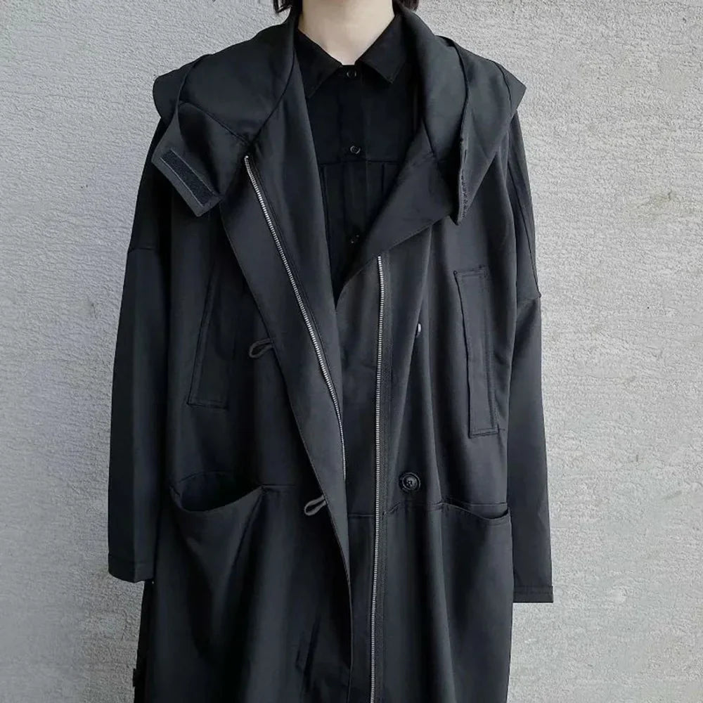 saferido Dark British Style Long Hooded Zipper Windbreaker Streetwear Personality Temperament Versatile Oversized Coat 2024 Autumn Unisex