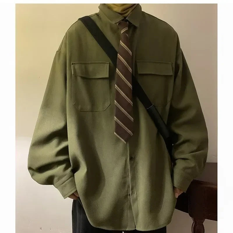 Autumn Green Black Shirt Men Fashion Social Mens Dress Shirt Korean Loose Long Sleeve Shirts Mens Pocket Tooling Shirt M-3XL