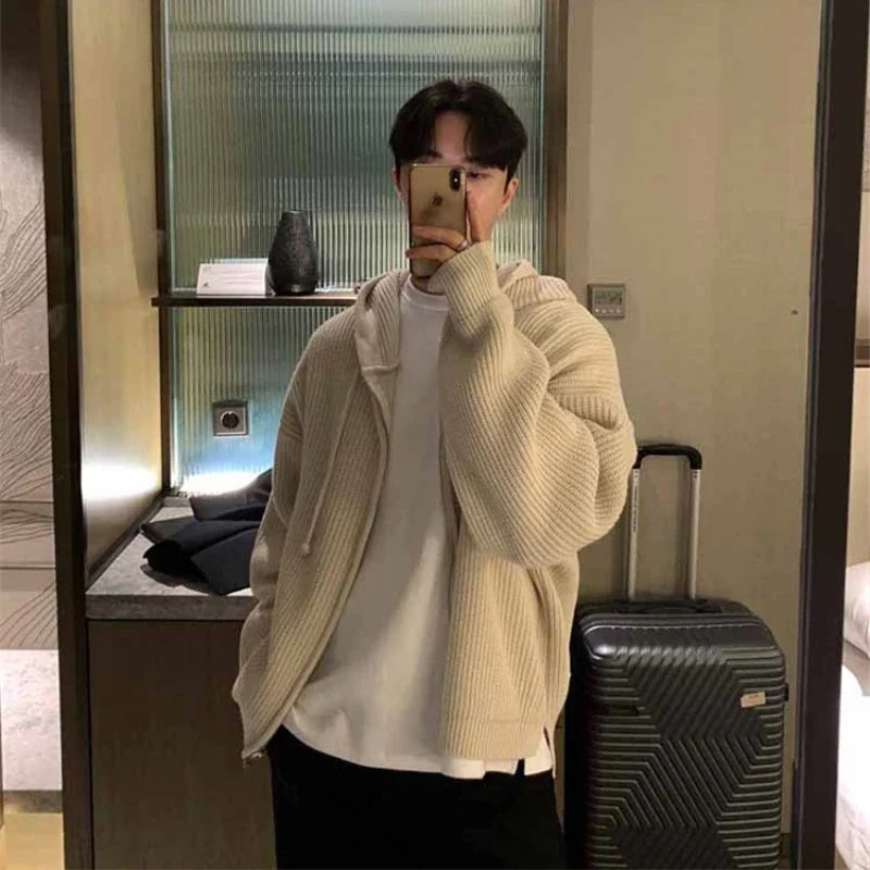 Winter Sweater Cardigan Men Warm Oversized Knitted Hooded Sweater Coat Men Korean Loose Cardigan Sweater Mens Jumper Clothes