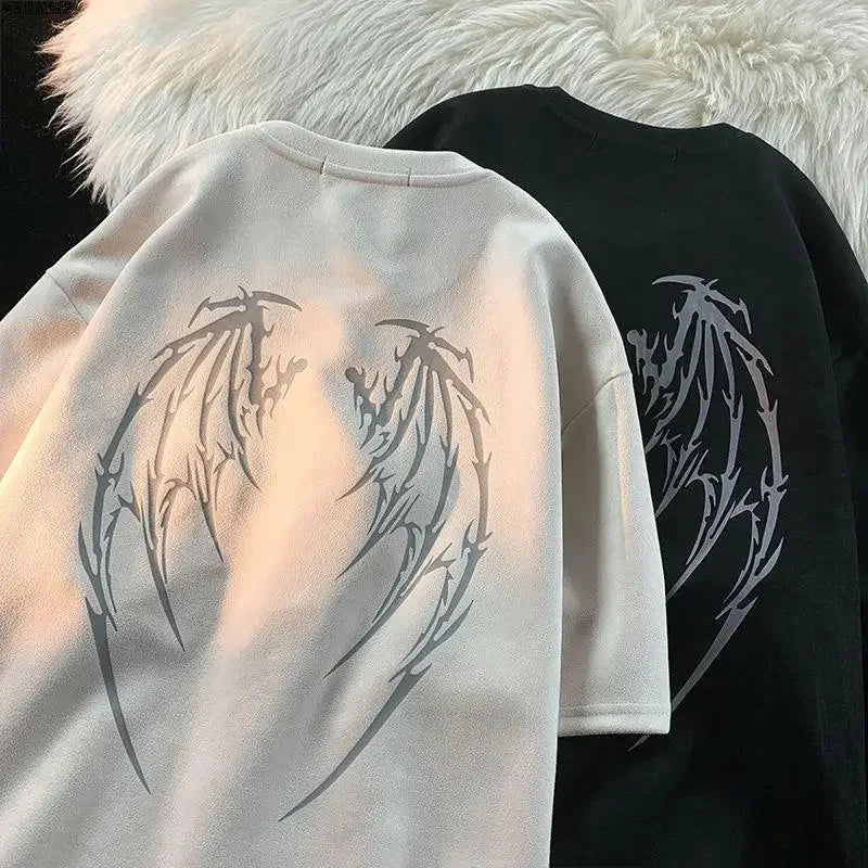 saferido American hip hop fried street trend wings printed short sleeved t shirt men and women loose Korean couple short sleeved T-shirt