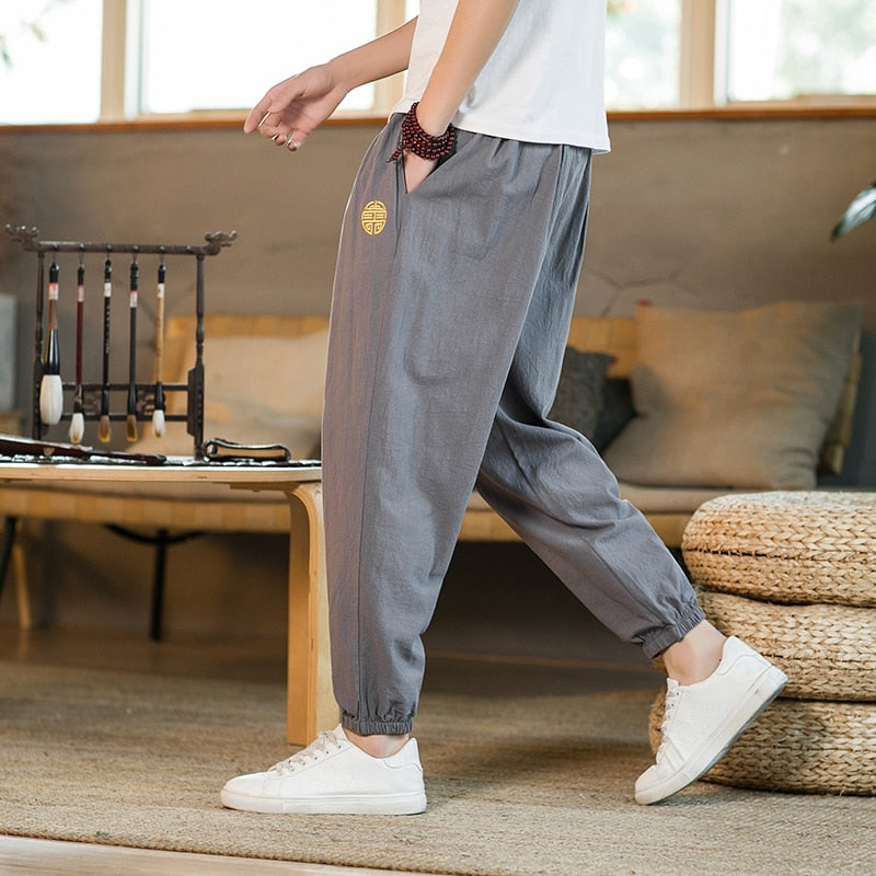 Summer Casual Chinese Style Cotton Linen Ninth Pants Men Fashion Embroidery Loose Harem Pants Men's Street Jogging Pants