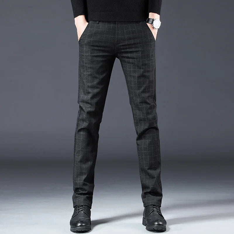 Men's New Designer Plaid Business Prom Work Stretch Trousers Male Vintage Soft Cotton Slim Fit Straight Leg Casual Long Pants