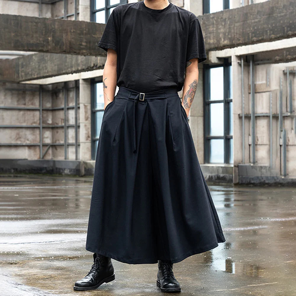 saferido Japan Streetwear Fashion Loose Casual Wide Leg Pant Men Punk Hip Hop Gothic Skirt Pants Black Harem Trousers Genderless Clothes