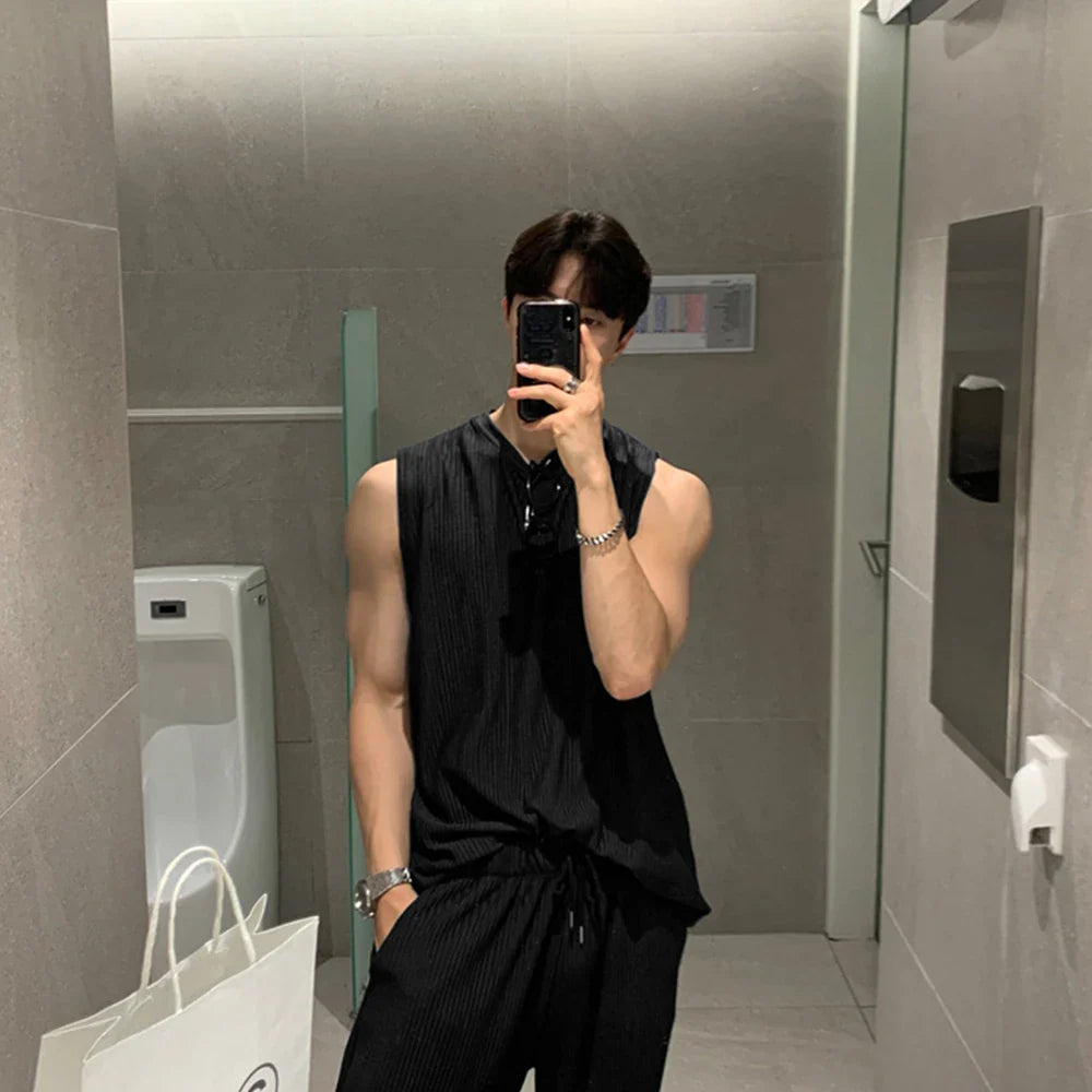 Summer Clothing Men's Casual Tank Tops Set Luxury Korean Streetwear O Neck Solid Drape Vest+Trousers 2 Piece Suit 2024 New