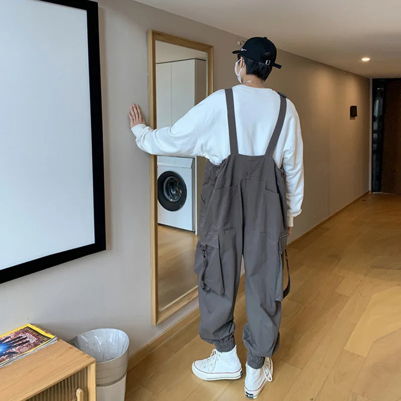 saferido Suspenders Jumpsuit Pants Men Summer Overalls Japanese Loose Straps Casual Pockets Unisex Oversize Streetwear Solid Man Clothing