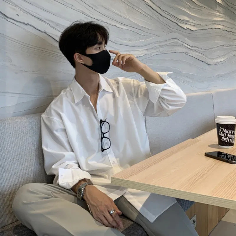 Luxury Spring Clothing Men's Casual Turn Down Collar Texture Shirts Vintage Buttons Solid Color Long Sleeve Leisure Clothes