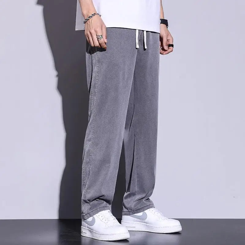 saferido Men's Summer Ice Silk Jeans/Male Elastic Waistline Loose and Comfortable Tencel Jeans Drawstring Korea Casual Trousers M-5XL