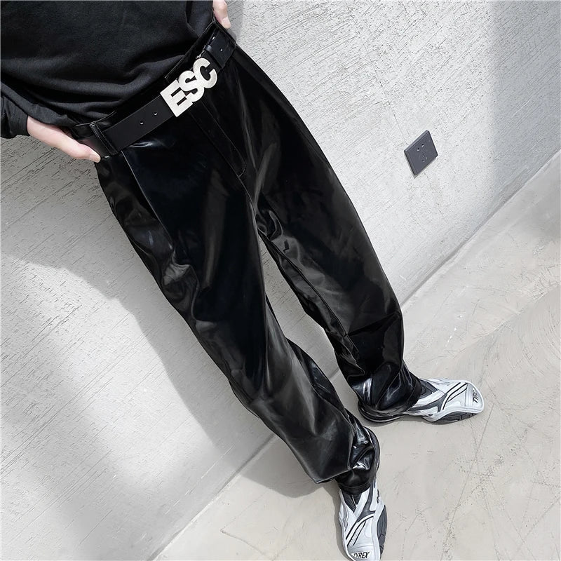 saferido British Style Net Trend Personality Streetwear Bright PU Leather Trousers Side Tight Waist Loose Casual Pants Men's S-2XL