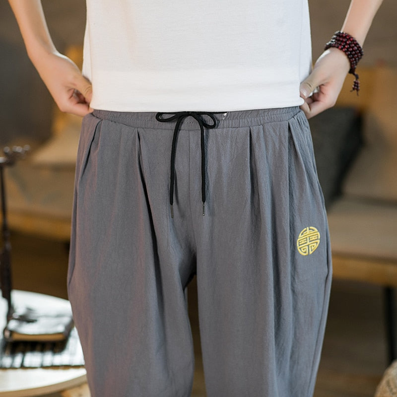 Summer Casual Chinese Style Cotton Linen Ninth Pants Men Fashion Embroidery Loose Harem Pants Men's Street Jogging Pants