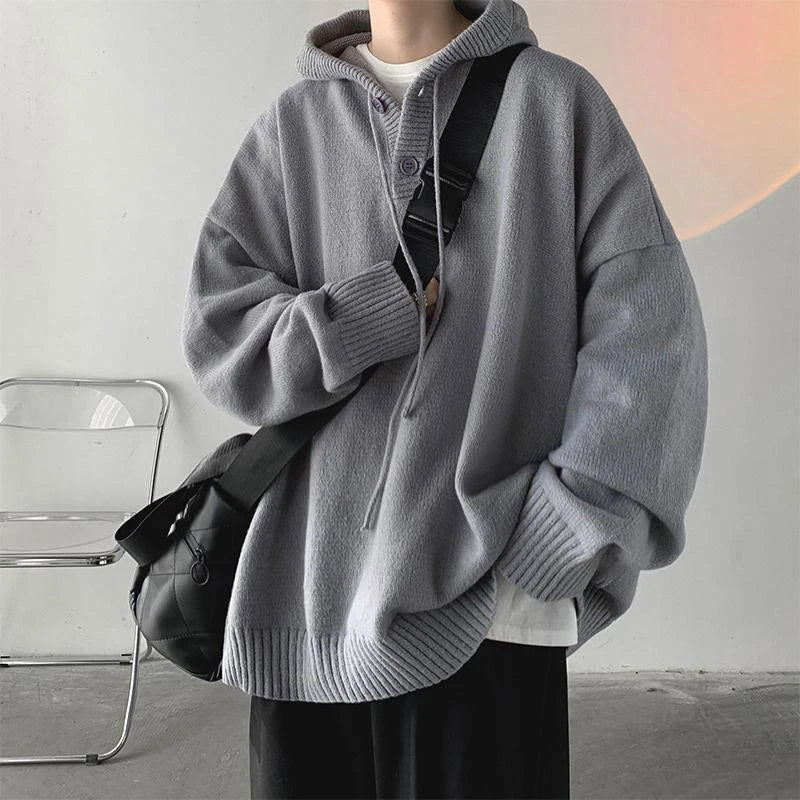 Hood Sweater Men's Winter Loose Chic Idle Sle Retro Knit Solid Outerwear Teenagers Fashion Trendy Warm Man Clothing