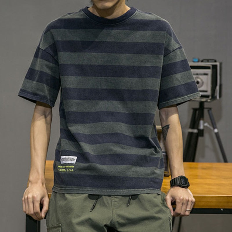Men's Clothing Round Neck Short Sleeve Korean Version Youth Trend Striped Printed Fashion Casual Cotton Loose T-shirt