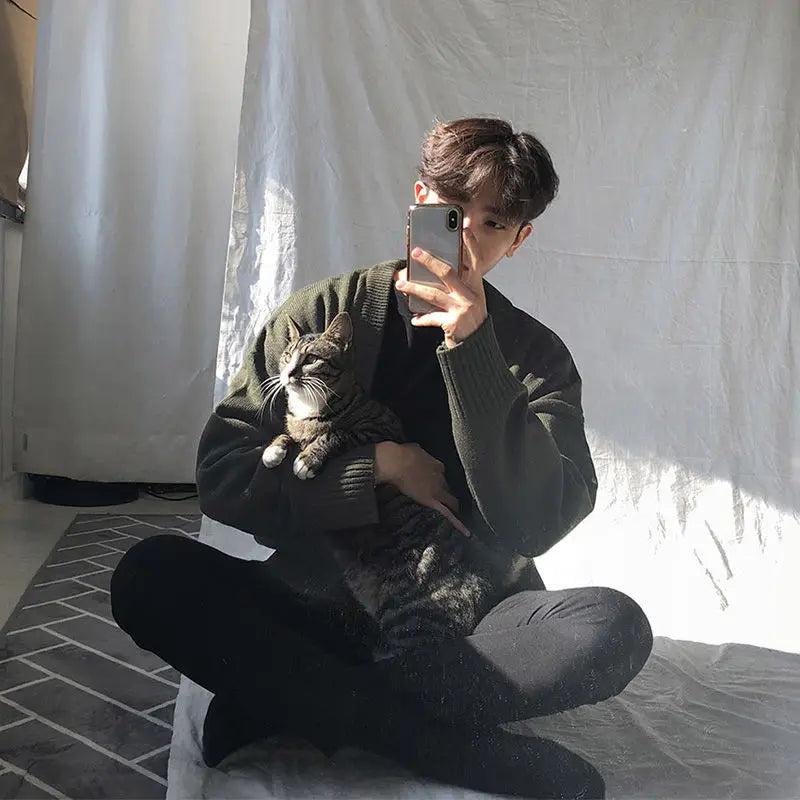 New Men's Clothing V-neck Single-breasted Men's Wear Knitted Sweater Loose Solid Color Knitted Cardigan Coat Autumn