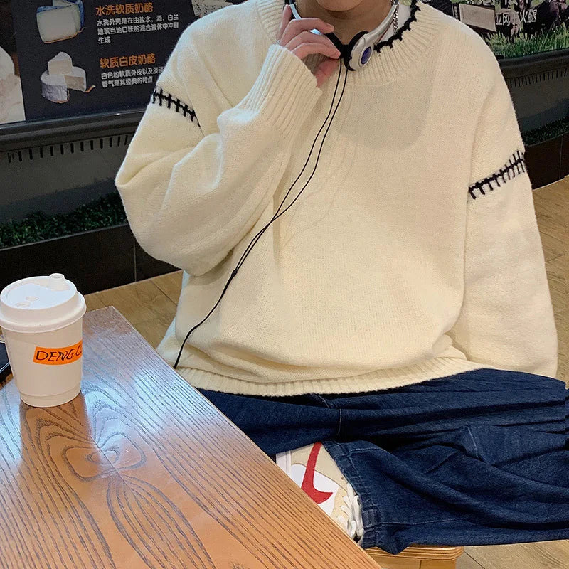 saferido Men's Knit Pullovers Sweaters and Jumpers Vintage Retro Sweater Knitted Pullover Men Korean Streetwear Hip Hop Spliced