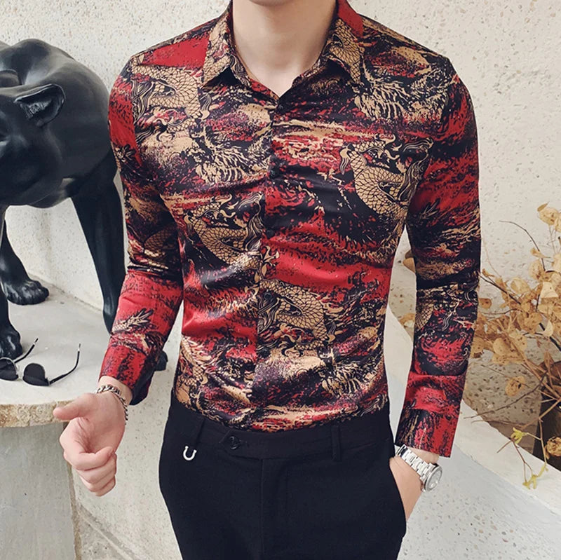 saferido British Style Men's Business Casual Shirts/Male Slim Fit Printing Leisure Long Sleeve Shirts Tops Plus Size S-4XL