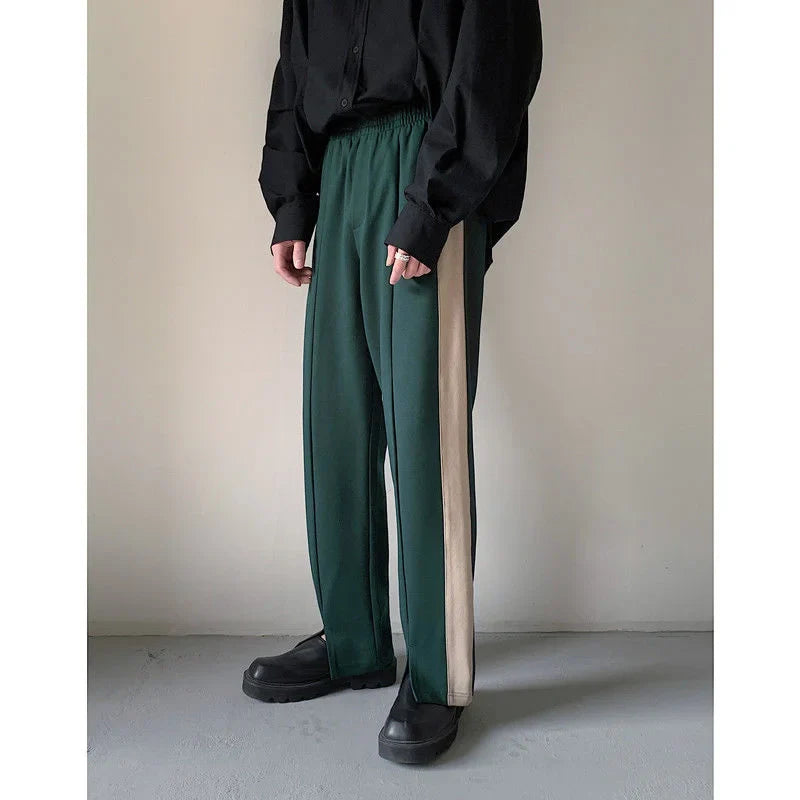 saferido Korean Men's Loose Elastic Waist Casual Pants Open Fork Wide Leg Pants Vintage Trousers Green/brown Joggers Sweatpants