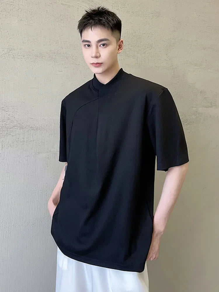 saferido Style Korean Personality Asymmetric Cross Rib Neckline Solid Colour Men's Casual Half Sleeve Tshirt New Fashionable Tops