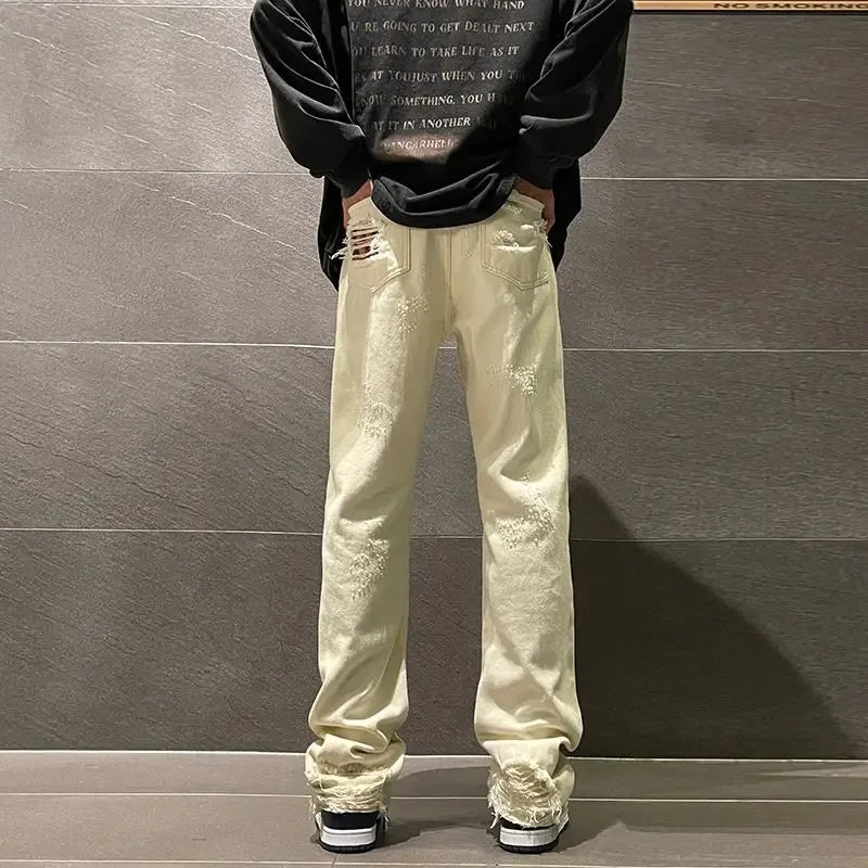 saferido Trousers with Holes Man Cowboy Pants Aesthetic Ripped Men's Jeans Torn Broken Black Straight Trend Loose Cotton Washed Kpop