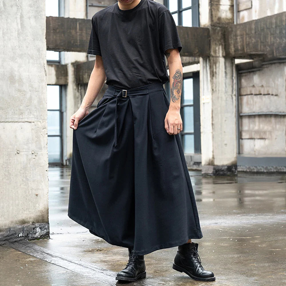 saferido Japanese Streetwear Baggy Fashion Casual Wide Leg Pants Men Punk Hip Hop Skirt Pants Black Harem Trousers Men's Culottes Unisex