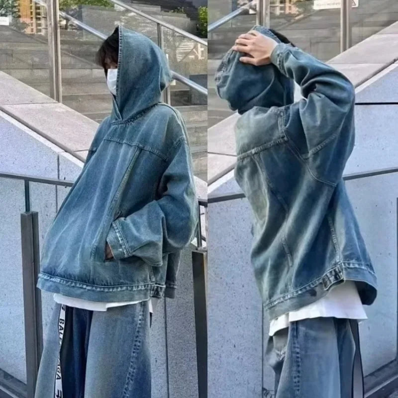 Japanese Denim Hooded Jacket Men Women Loose Casual Vintage Sweatshirt Coat High Street Washed Denim Pullover Varsity Autumn