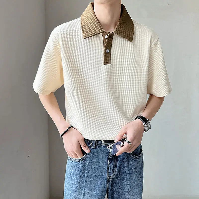 New High-end Korean Fashion Polo Shirts for Men Patchwork Waffle Lapel Buttons Short Sleeve T-shirt Men Summer Loose Polo Shirt
