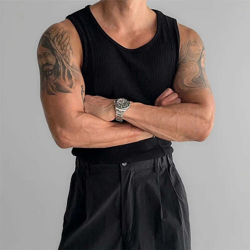 Summer Fashion Solid Color Ribbed Tank Tops Men Slim Elastic Sports Vest For Mens New Casual O Neck Straps Sleeveless Camisoles