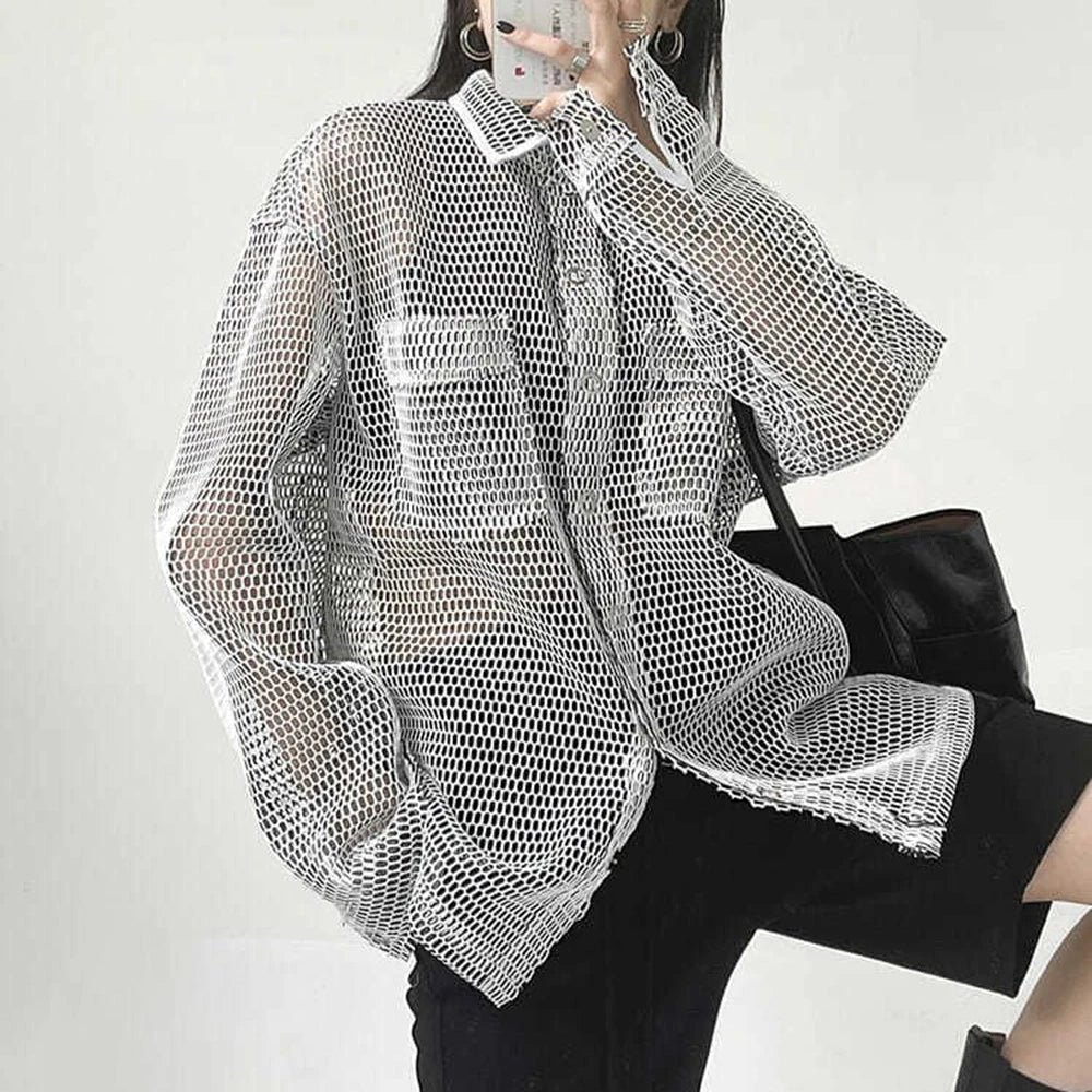saferido Mens Casual Mesh Tops Genderless 2024 Spring Autumn New Fashion Personality Loose Versatile Streetwear Retro Shirts Unisex