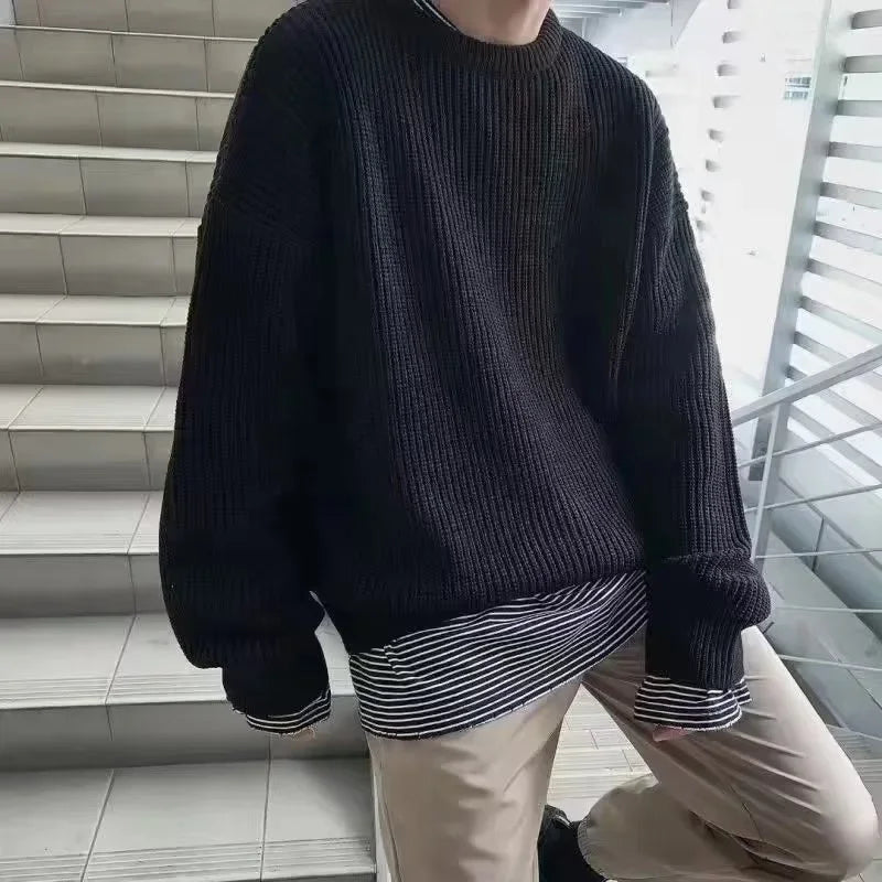 Solid Striped Sweater for Men Autumn Winter Casual O-neck Long Sleeve Pullovers Male Vintage All-match Knitted Jumpers Chic Tops