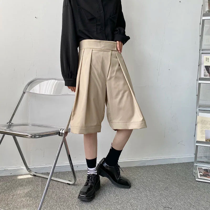 saferido New Niche Design Pasted High Waist Khaki Causal Wide Leg Shorts Summer Korean Trend Men's Knee Length Pants