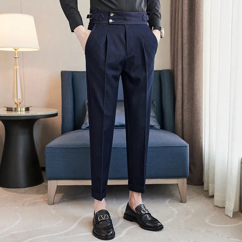 saferido Men Spring Summer Belt Decoration Casual Ankle Length Pants Fashion Slim Fit Suit Pants Streetwear Social Business Trousers