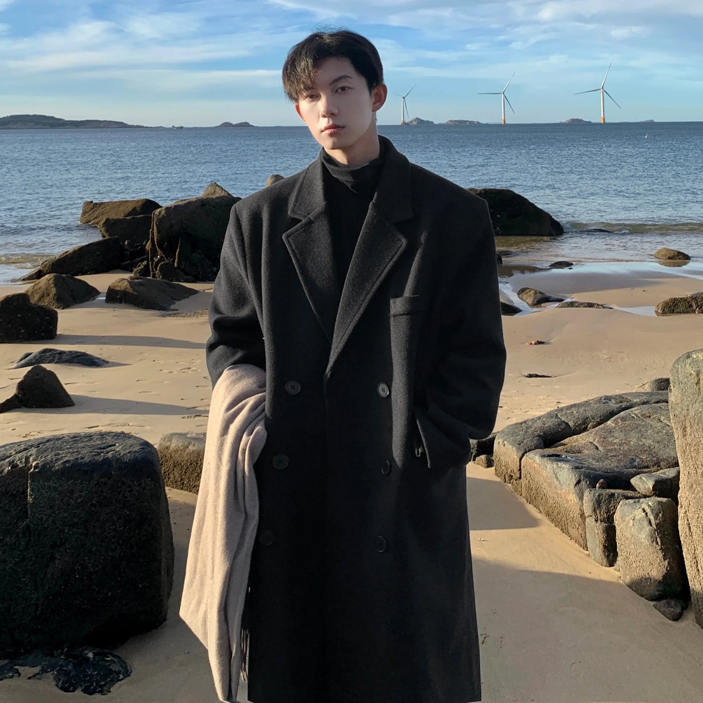 saferido Winter Long Trenchcoat Men Korean-style Solid Double Breasted Woolen Coat Loose Casual Trench Outwear Solid Color Overcoats