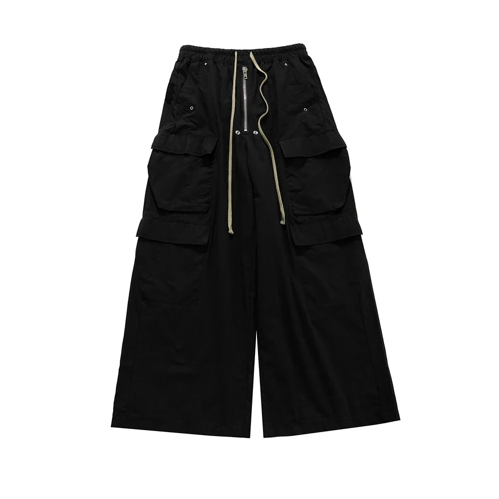 saferido Wide Leg Drawstring Black Cargo Pants Unisex Straight Baggy Casual Overalls Men's Streetwear Loose Oversized Trousers