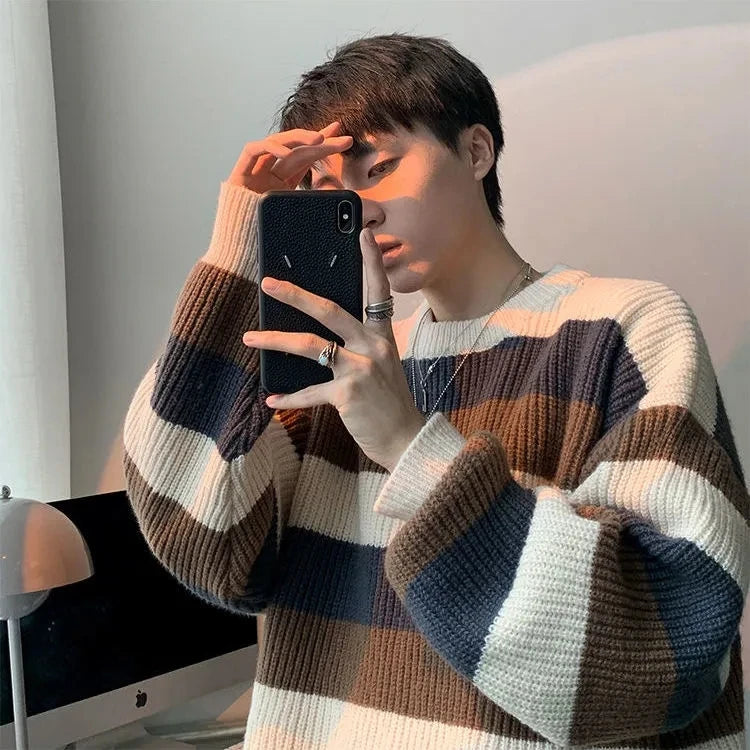 saferido Autumn Winter Sweater Men Pullover Korean Style Male Striped Sweater Loose Knitted Sweater Trend Thick Top Mens Clothing