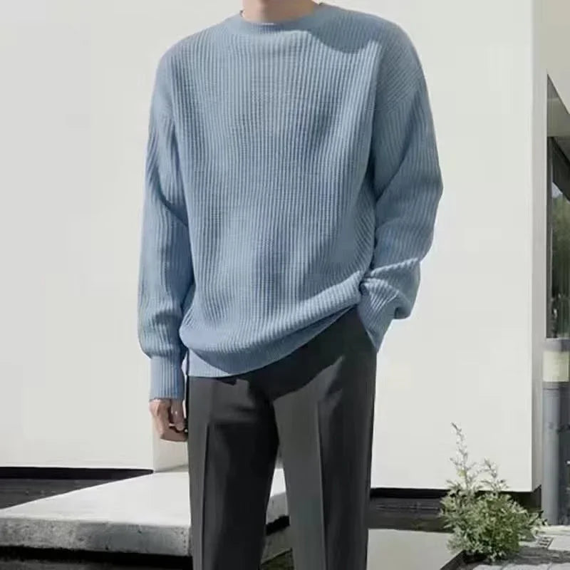Solid Striped Sweater for Men Autumn Winter Casual O-neck Long Sleeve Pullovers Male Vintage All-match Knitted Jumpers Chic Tops
