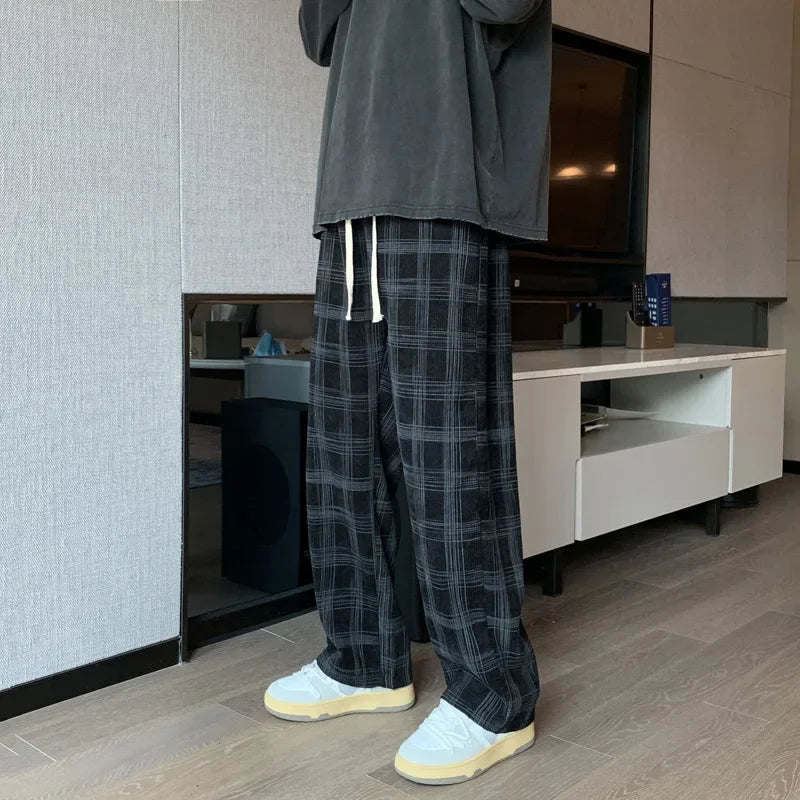 saferido Men Checkered Casual Pants Loose Straight Corduroy Pants Sweatpants Man Fashion Streetwear Spring New Hip Hop Trousers