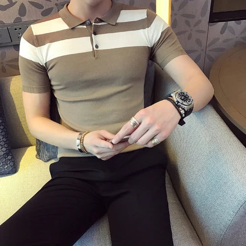 saferido Social Knitting Slim Polo British Style Stripes POLO Shirt Men Summer Short Sleeve Men's POLO Slim Fit Casual Polo Homme