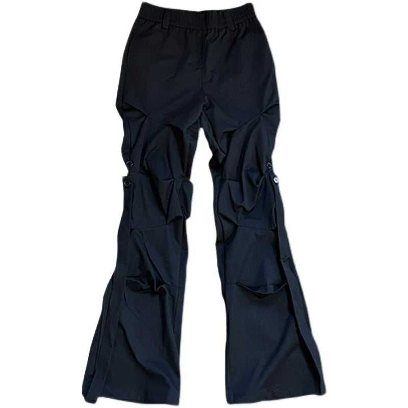 High Street Pleated Overalls Men's Pants Fashion Loose Straight Button Casual Male Trousers Solid Color Darkwear
