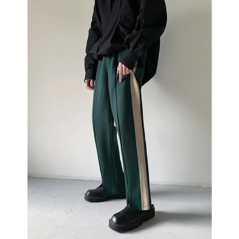 saferido Korean Men's Loose Elastic Waist Casual Pants Open Fork Wide Leg Pants Vintage Trousers Green/brown Joggers Sweatpants