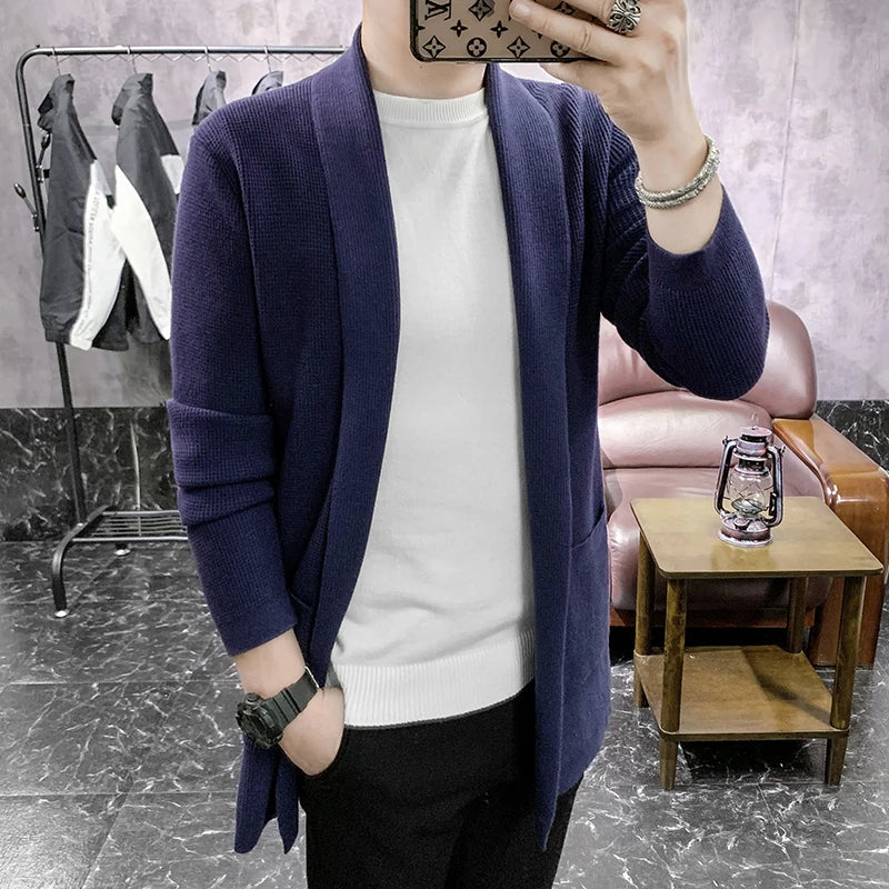 New Mid Length Cardigan Men Spring Autumn Kintted Mens Sweatercoat Fashion Slim Casual Solid Color Knitting Cardigan Outerwear