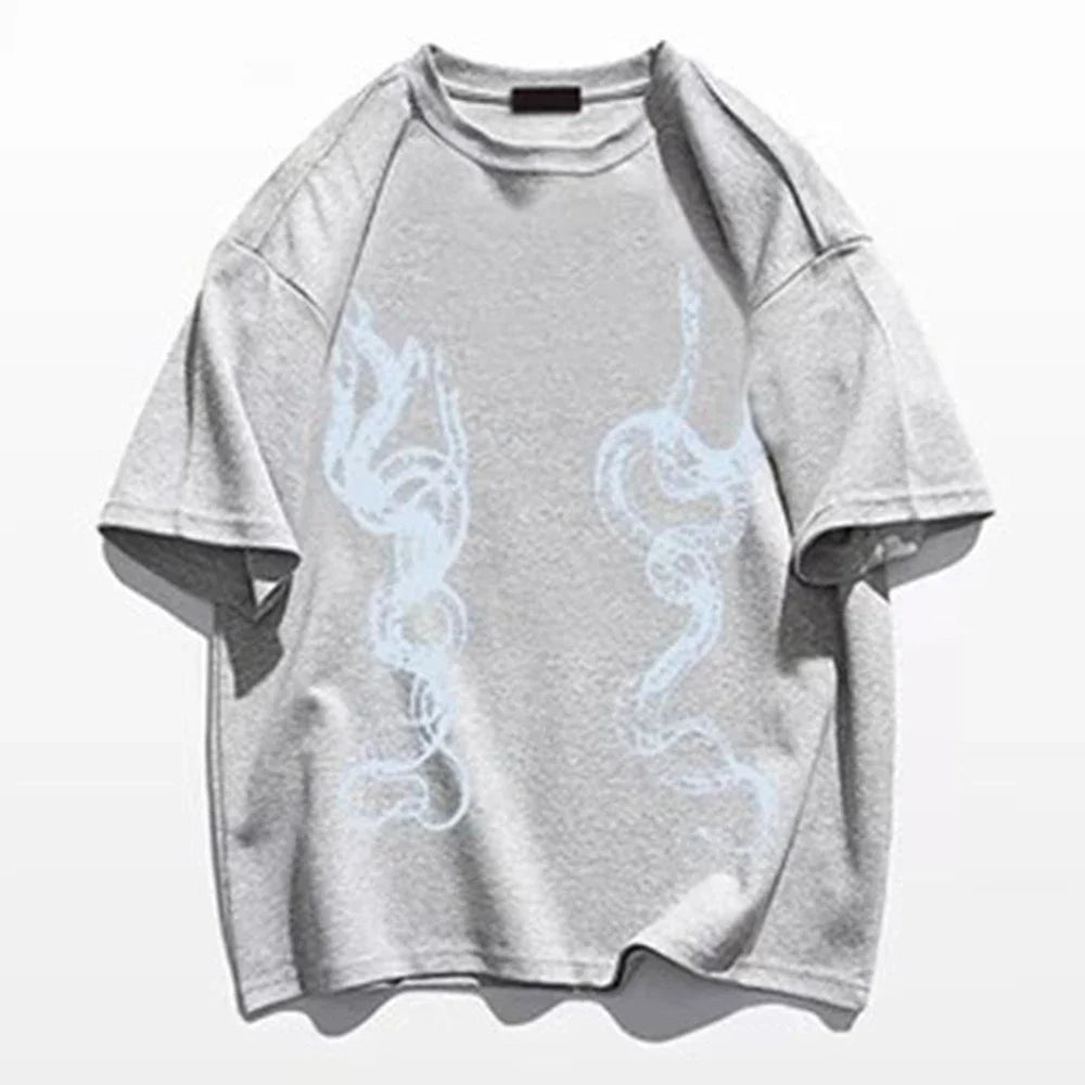 saferido Men's Casual T-Shirt Fashionable Trendy Hip-Hop High Street Y2k Retro Snake Pattern Loose Cotton Top 2024 Spring And Summer